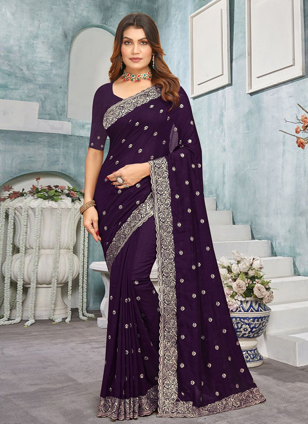 Traditional Embroidered Vichitra Silk Saree - S7737