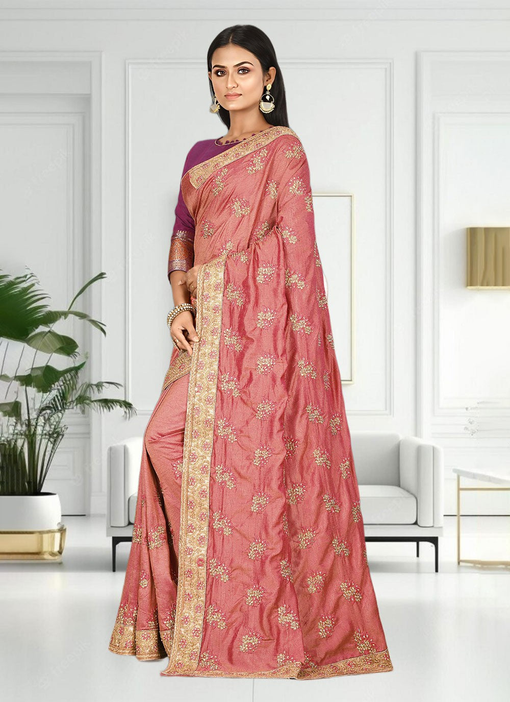 Classic Hand Embroidery Brasso Saree - S4738