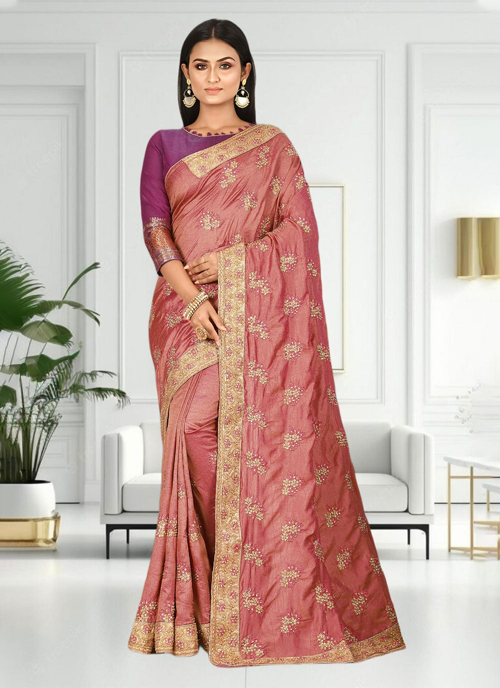 Classic Hand Embroidery Brasso Saree - S4738