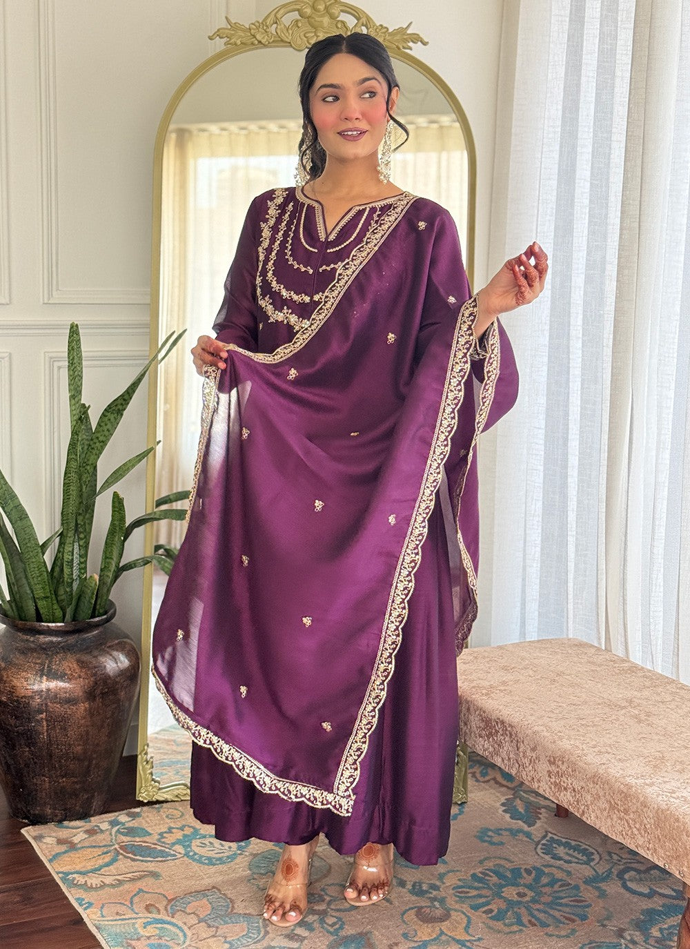 Pant Style Suit Embroidered, Zari Purple T7318