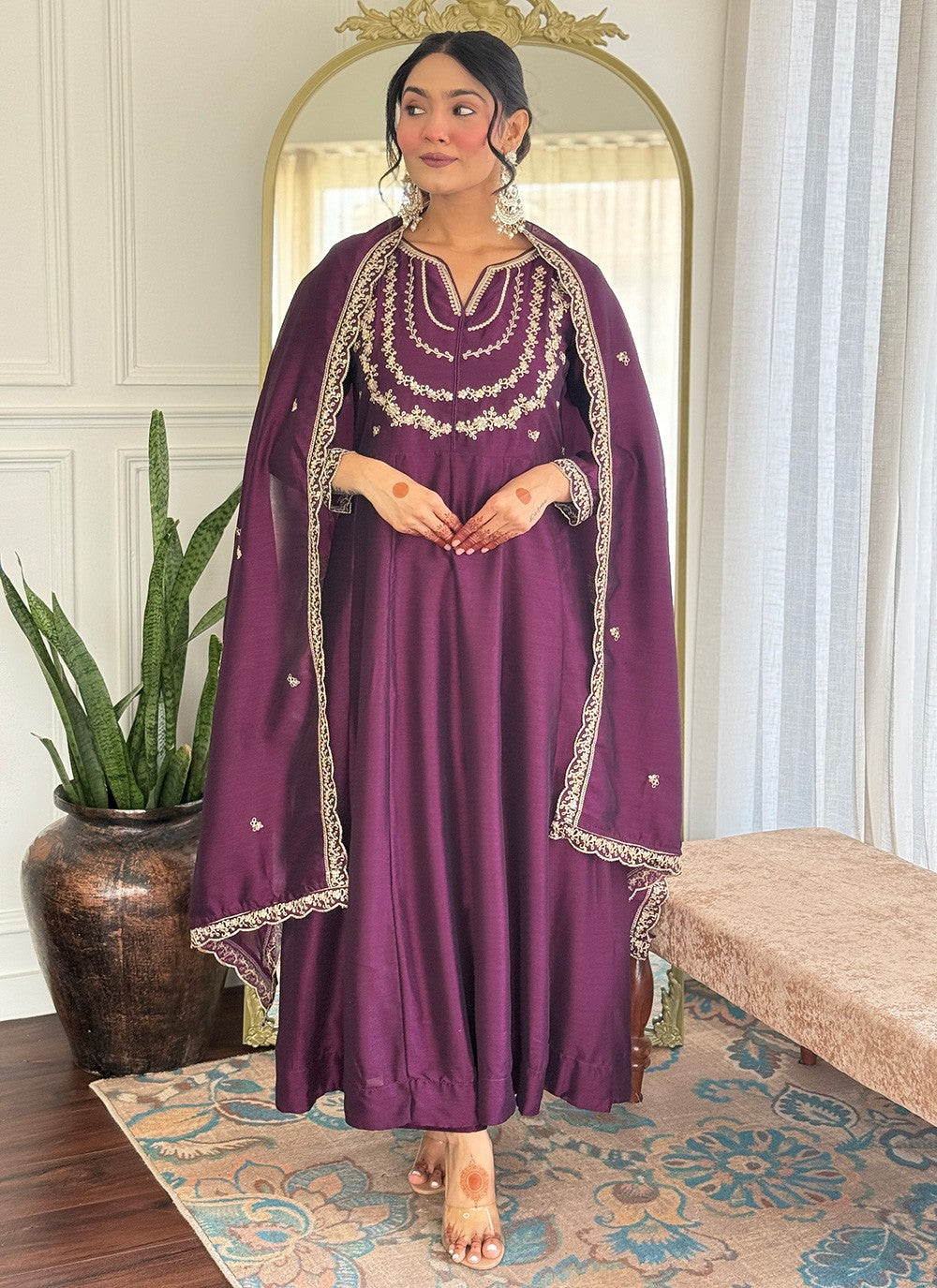 Pant Style Suit Embroidered, Zari Purple T7318