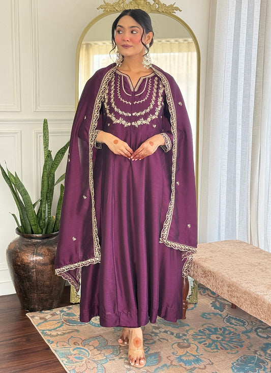 Pant Style Suit Embroidered, Zari Purple T7318