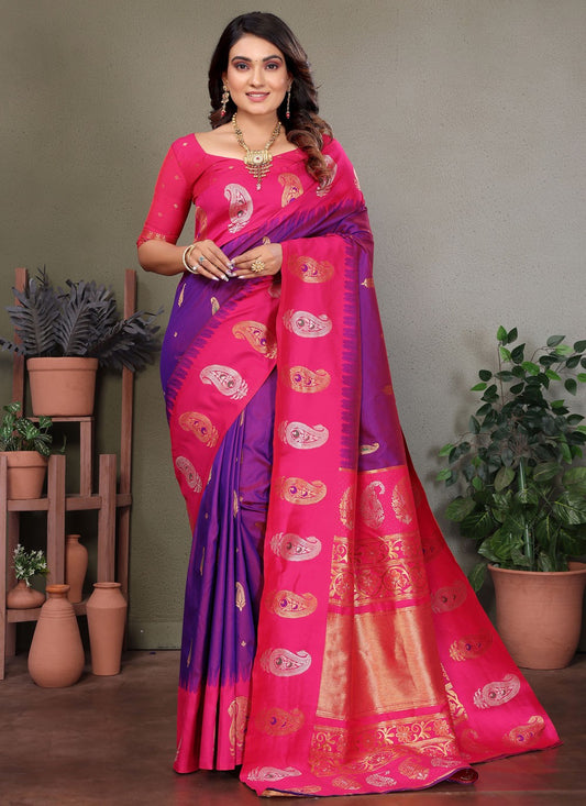 Violet Banarasi Silk Trendy Saree Weaving Zari S17617