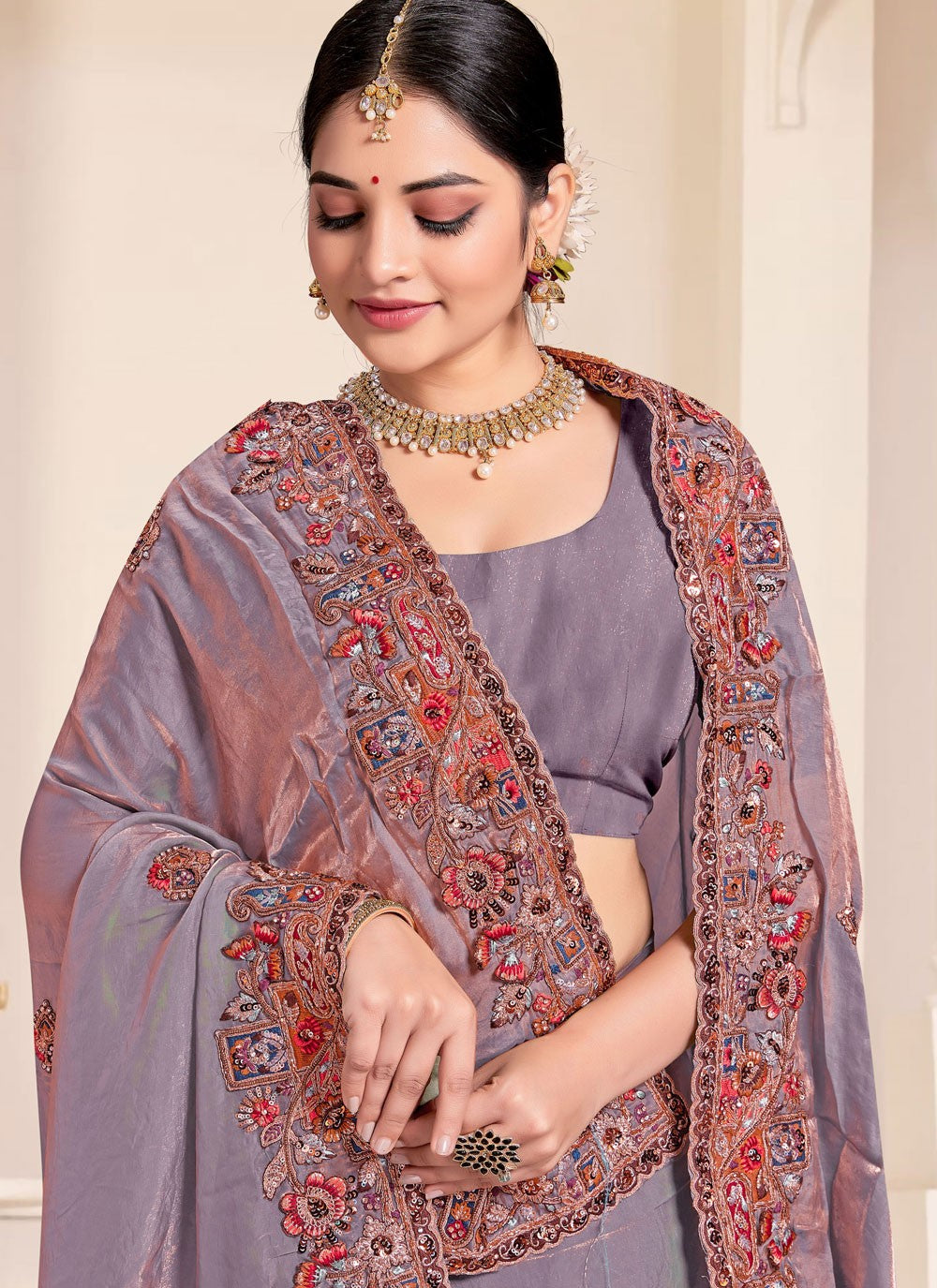 Contemporary Beads Violet Silk Saree S13080