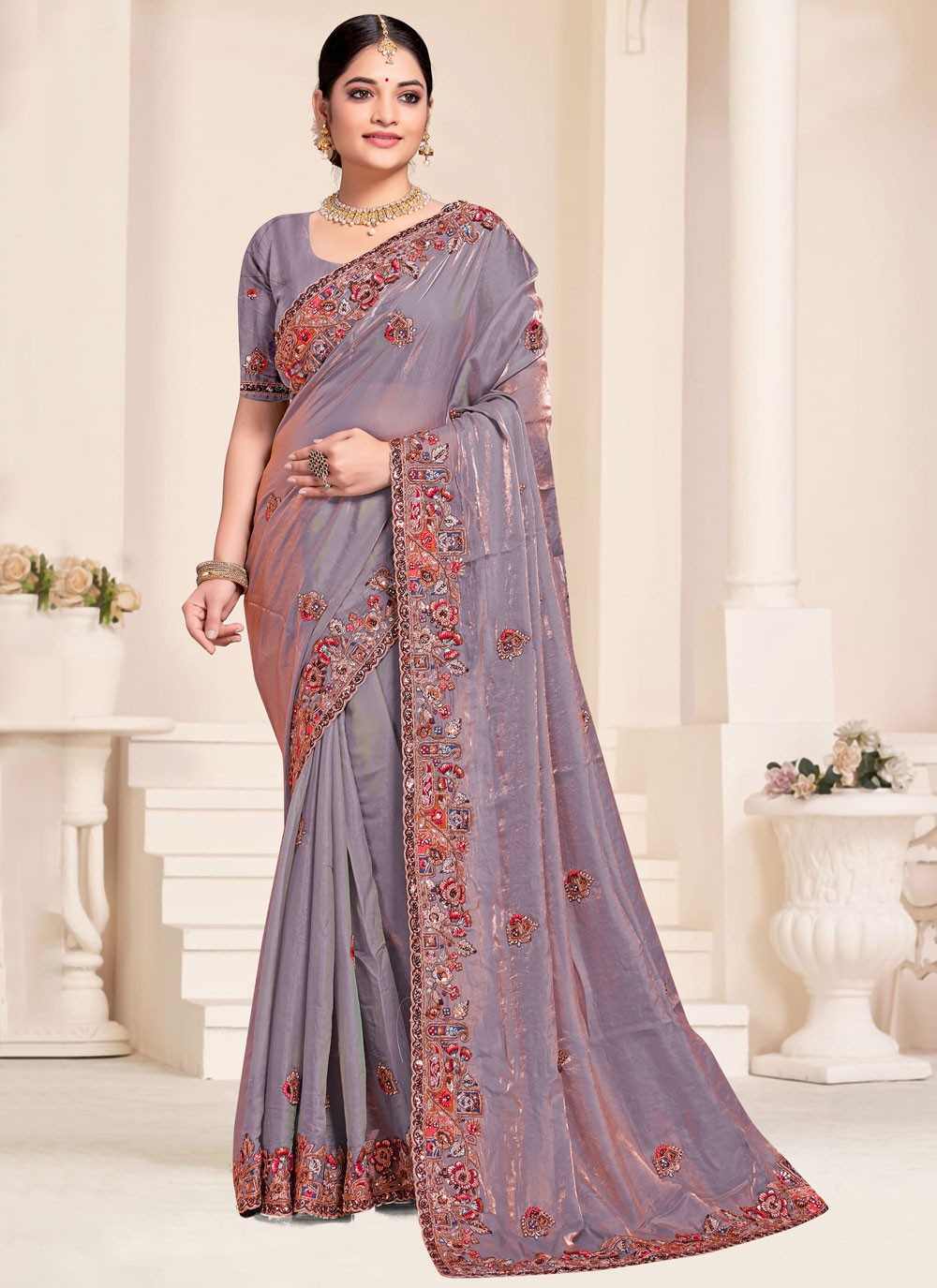 Contemporary Beads Violet Silk Saree S13080