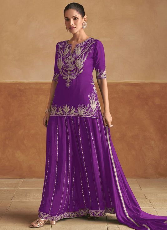 Salwar Suit Embroidered Violet Chinon T5433