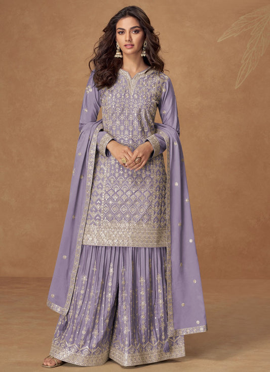 Palazzo Suit Embroidered, Zari Violet T7695