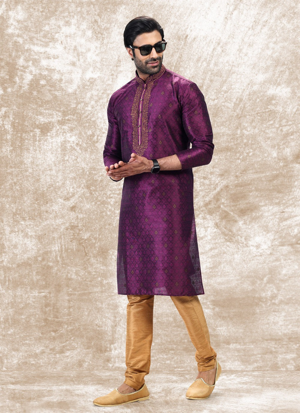 Fancy Work Brocade, Jacquard Silk Violet Kurta Pyjama - M4856