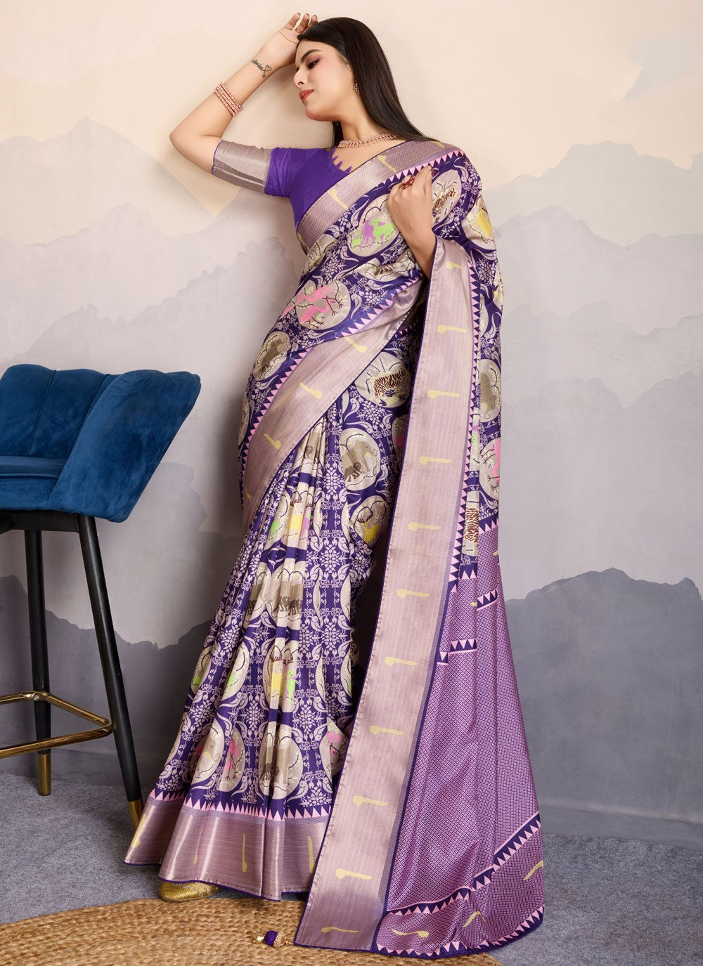 Digital Print Pure Dola Violet Contemporary Saree S14910