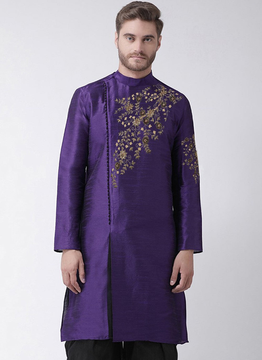 Embroidered Dupion Silk Violet Angrakha - M3186