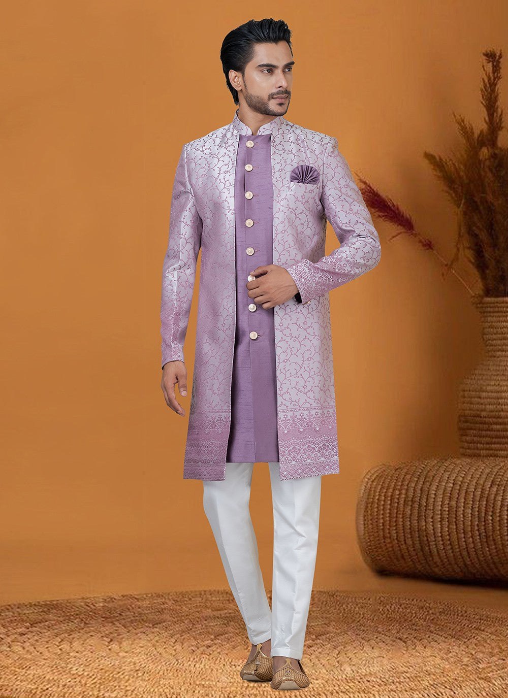 Jacquard Work Jacquard Silk Violet Indo Western - M8404
