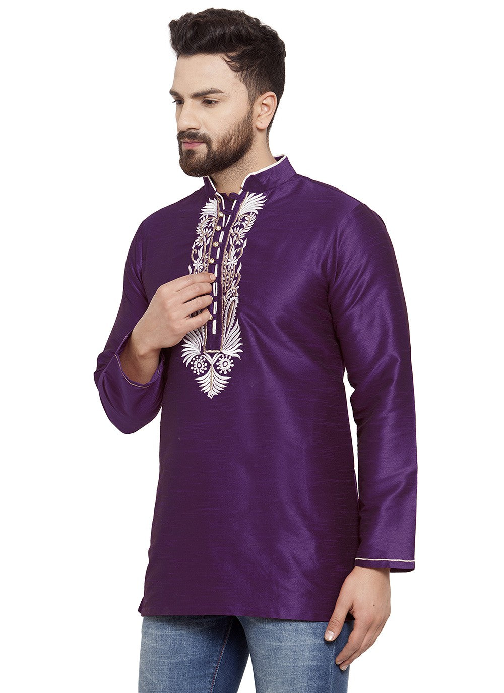 Machine Embroidery Dupion Silk Violet Short Kurta - M5731