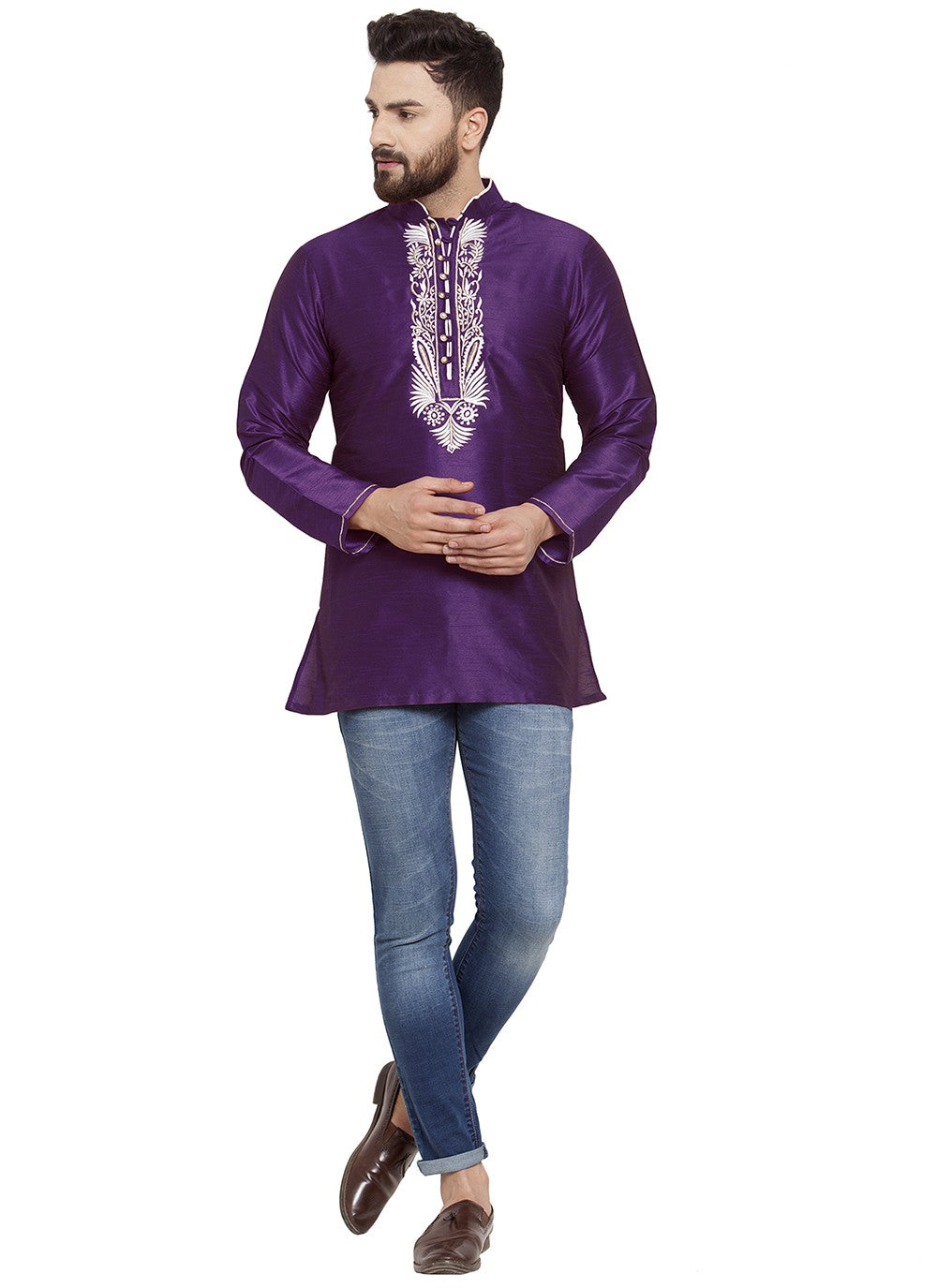 Machine Embroidery Dupion Silk Violet Short Kurta - M5731