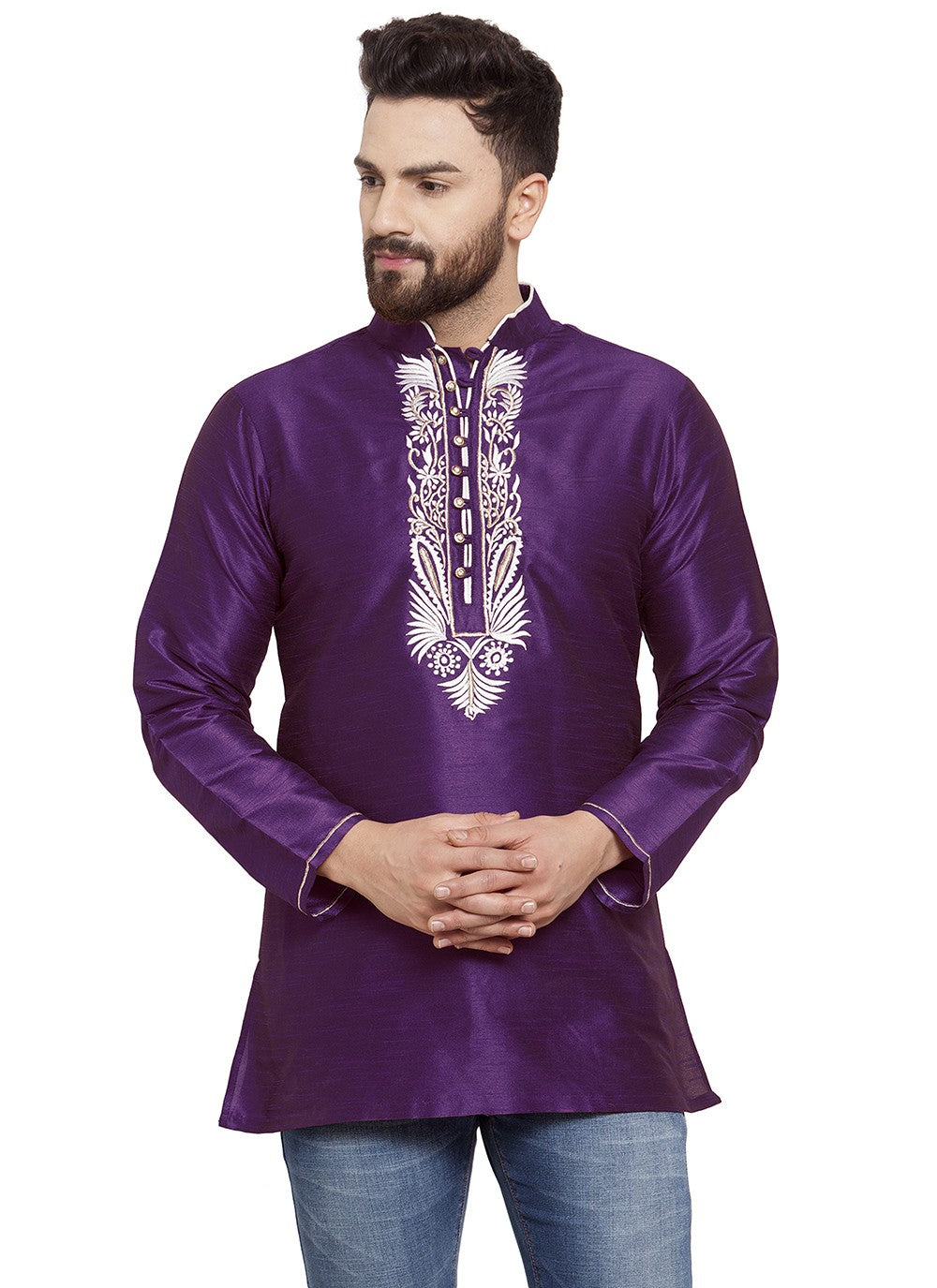 Machine Embroidery Dupion Silk Violet Short Kurta - M5731
