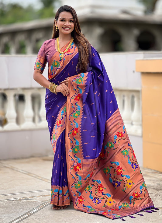Violet Silk Contemporary Saree Jacquard Work, Meenakari S19954
