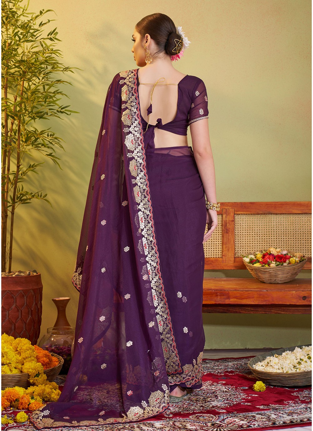 Embroidered Organza Violet Saree S14470