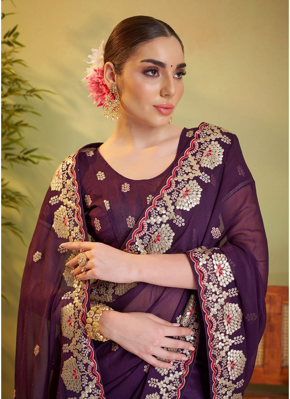 Embroidered Organza Violet Saree S14470