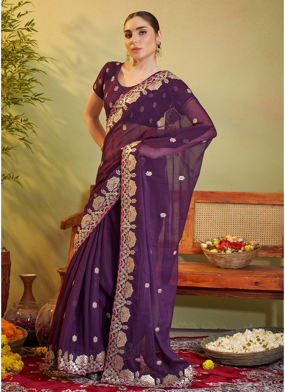 Embroidered Organza Violet Saree S14470