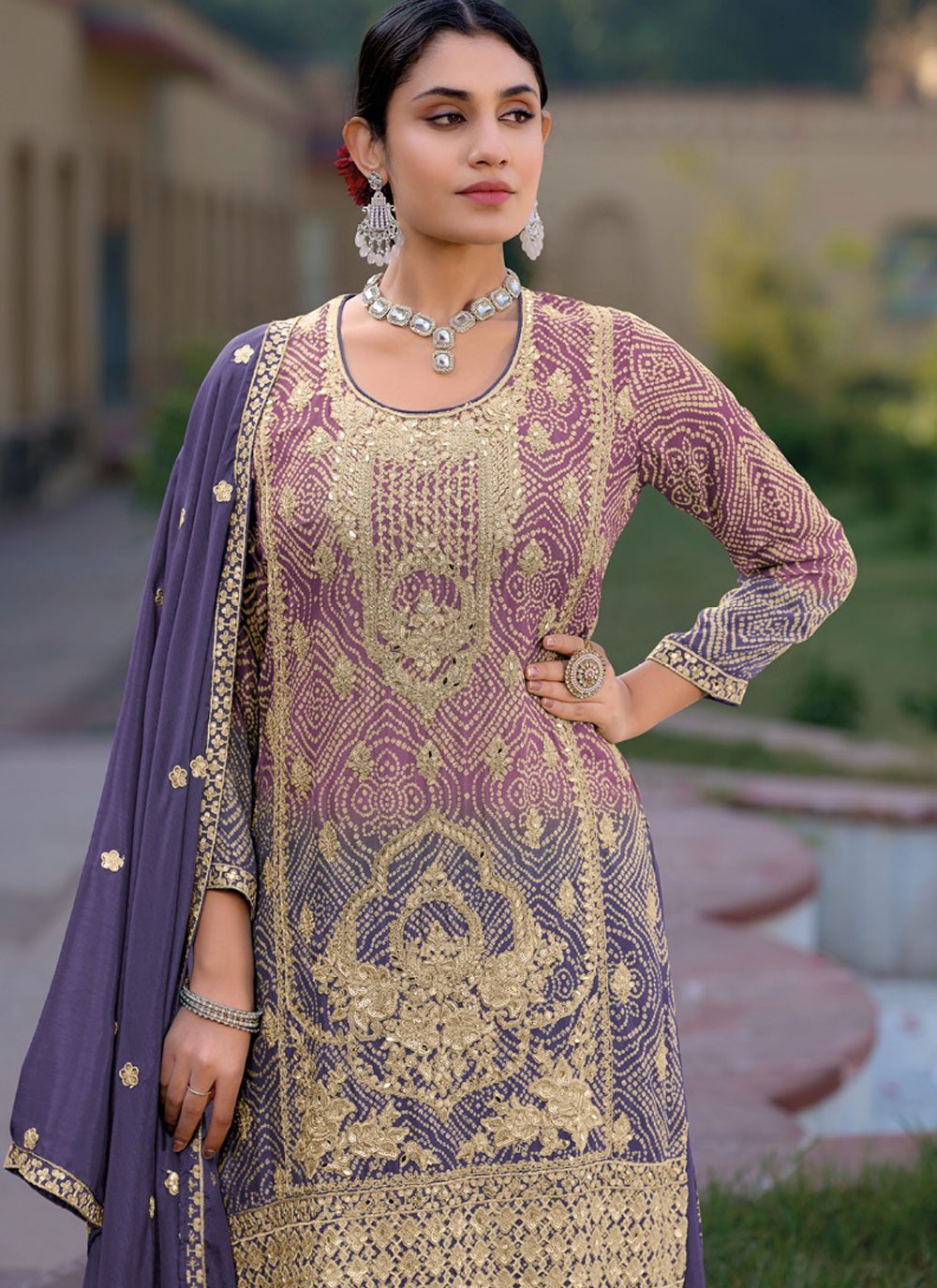 Salwar Suit Digital Print Violet Chinon T5896