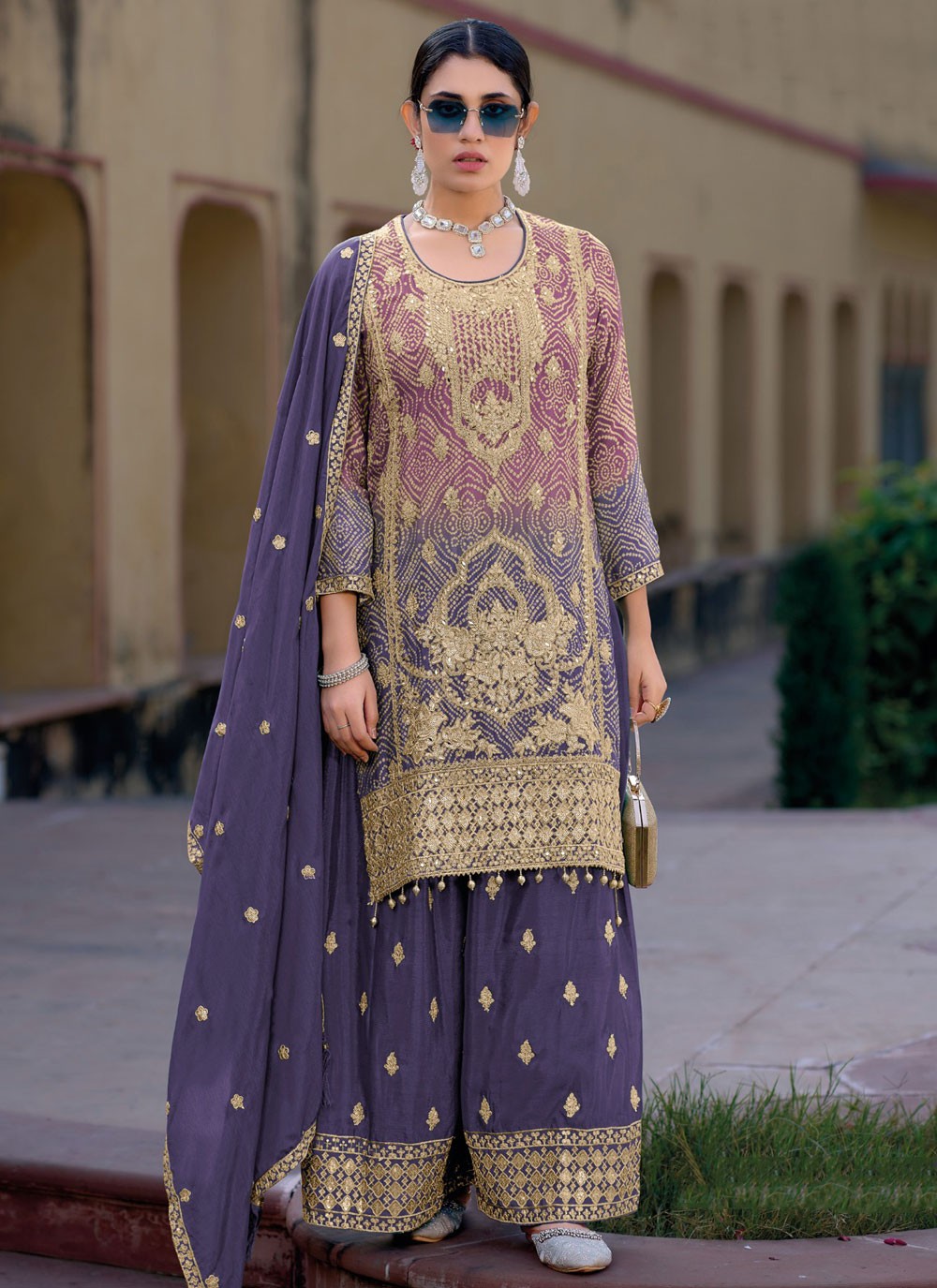 Salwar Suit Digital Print Violet Chinon T5896