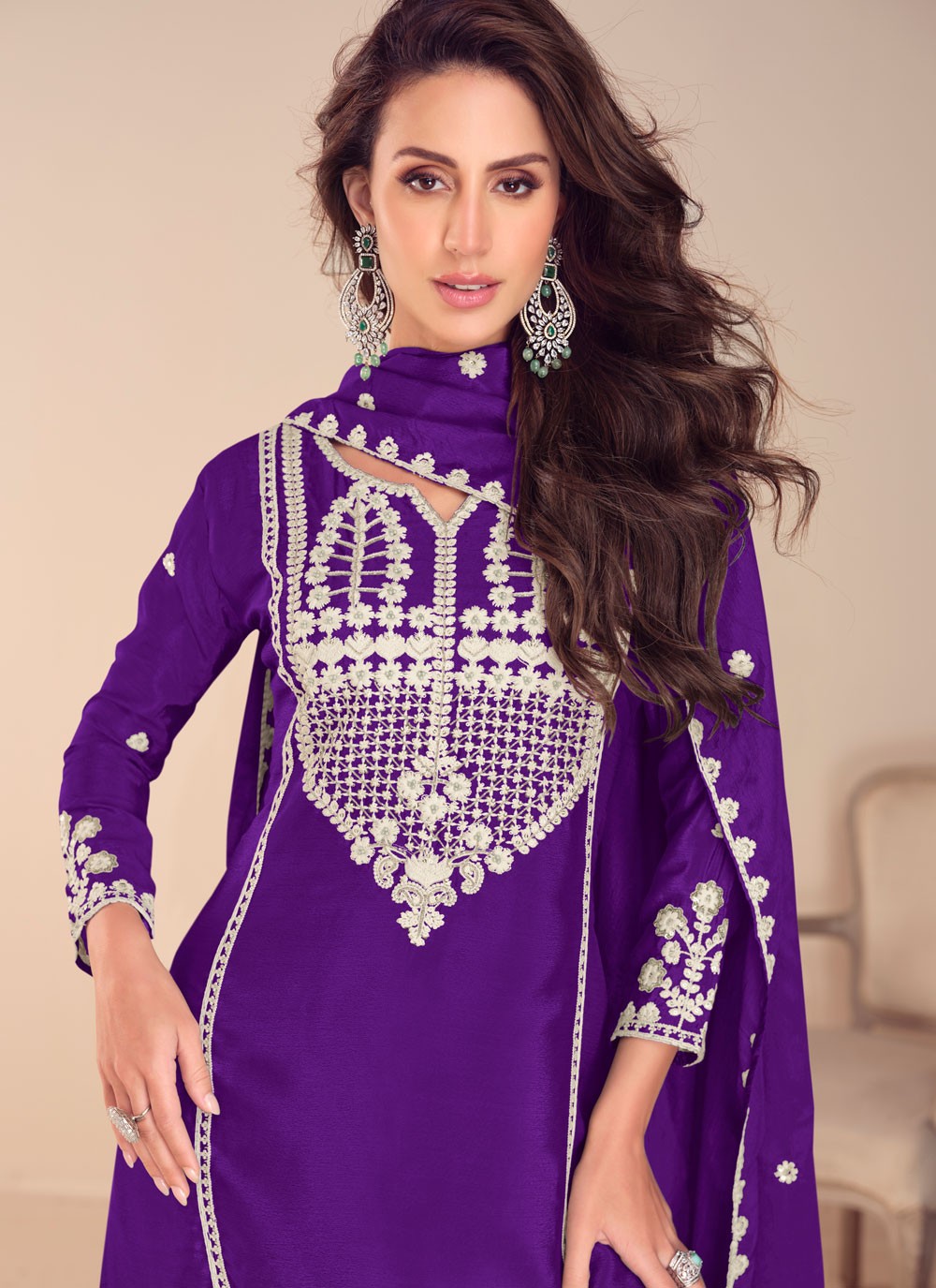 Embroidered Chinon Violet Salwar Suit T6016