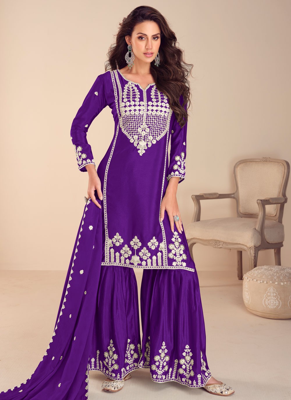 Embroidered Chinon Violet Salwar Suit T6016