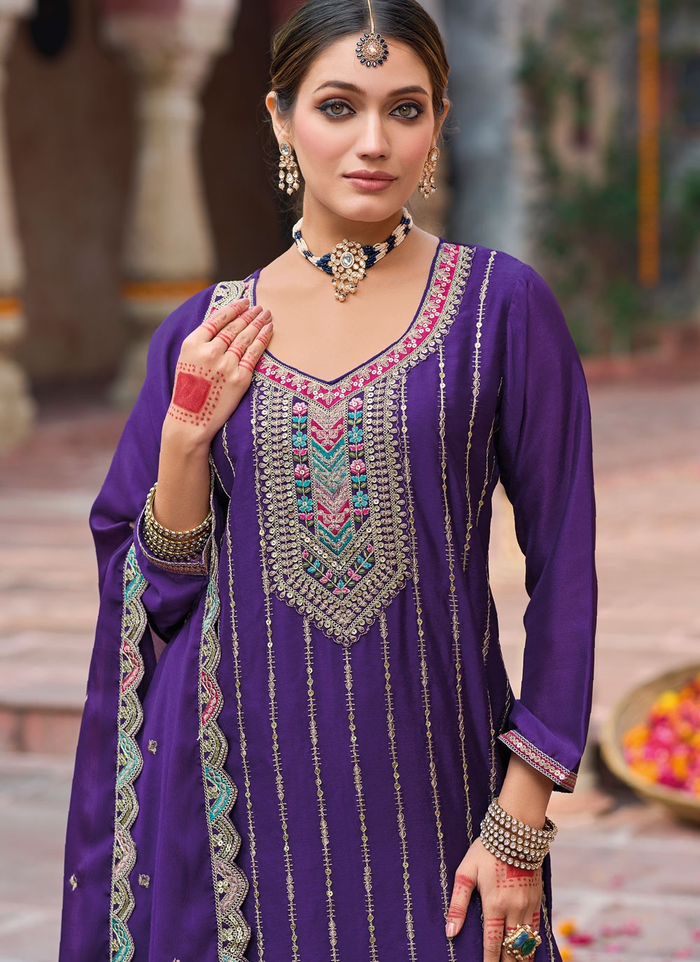 Salwar Suit Embroidered Violet Chinon T5504