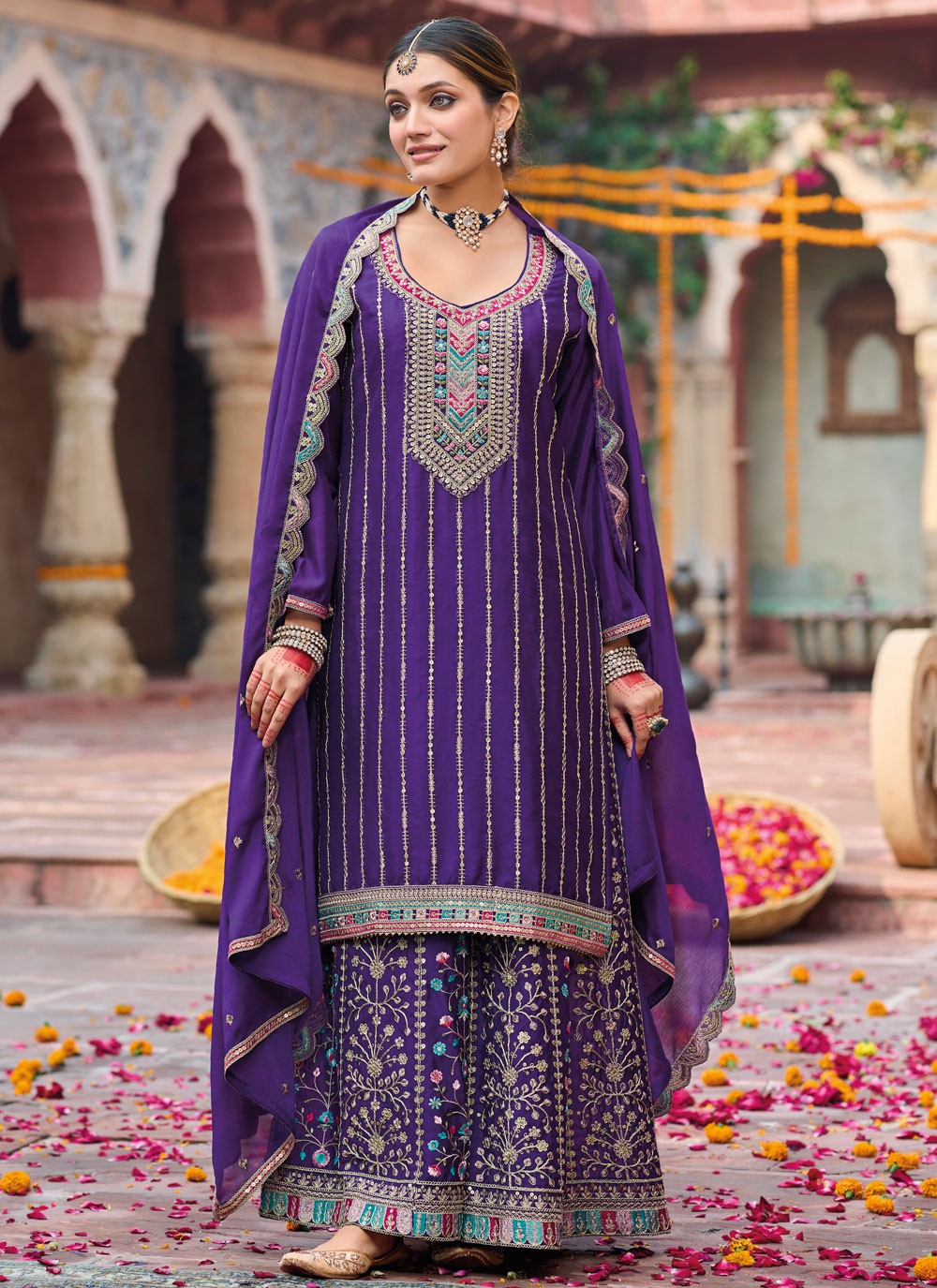 Salwar Suit Embroidered Violet Chinon T5504