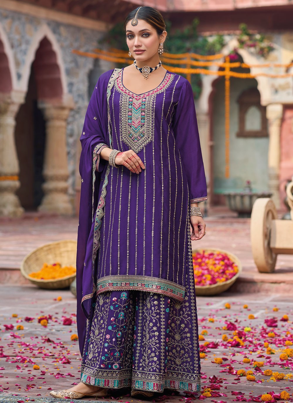 Salwar Suit Embroidered Violet Chinon T5504