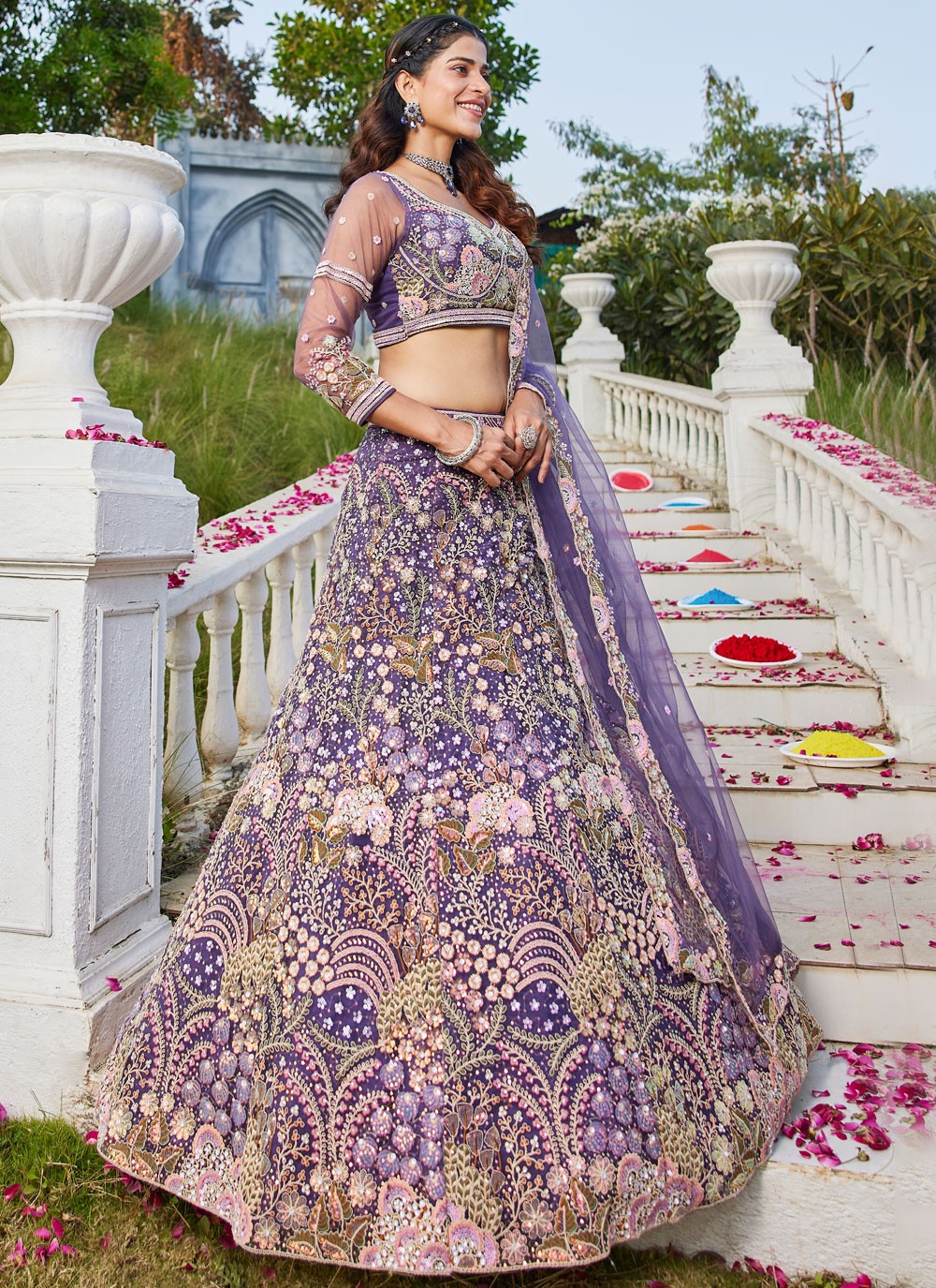 Embroidered Net Violet Lehenga - L3365
