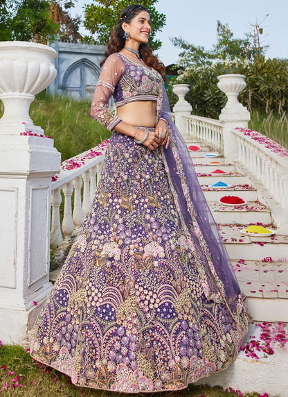Embroidered Net Violet Lehenga - L3365