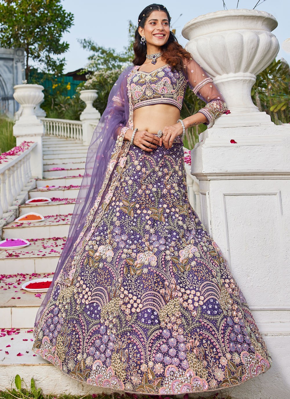 Embroidered Net Violet Lehenga - L3365