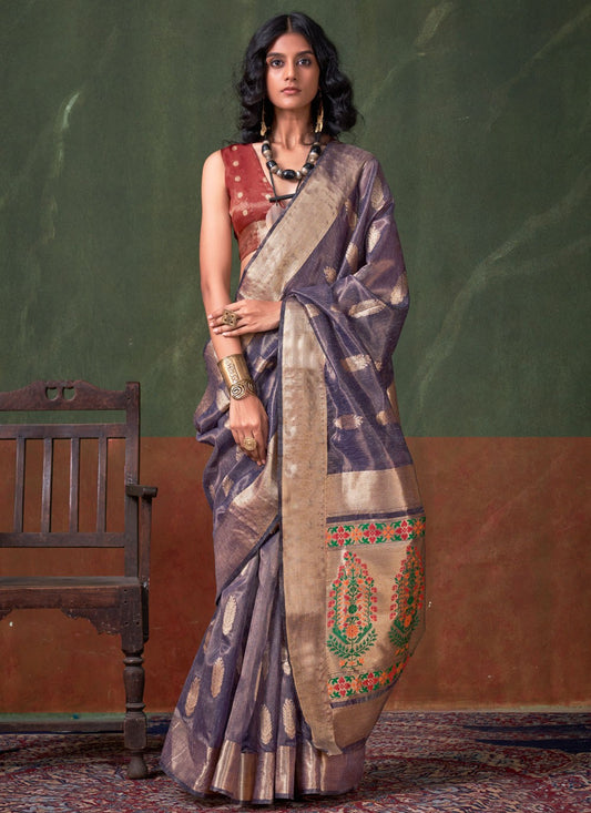 Weaving Zari Silk Violet Saree S13846