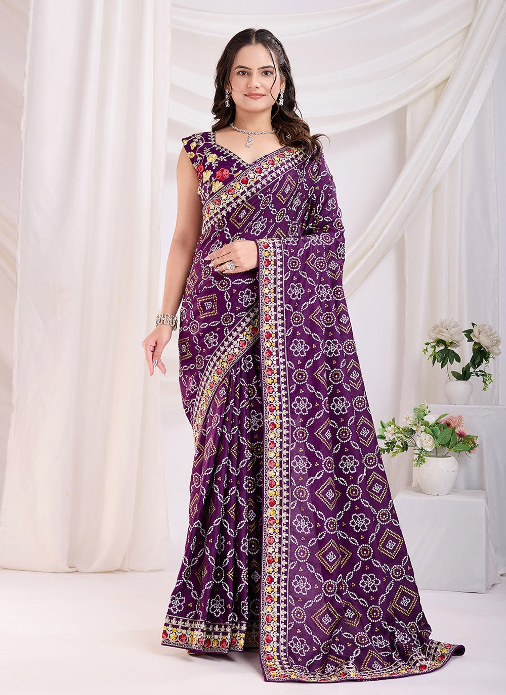 Embroidered Vichitra Silk Violet Saree S14108