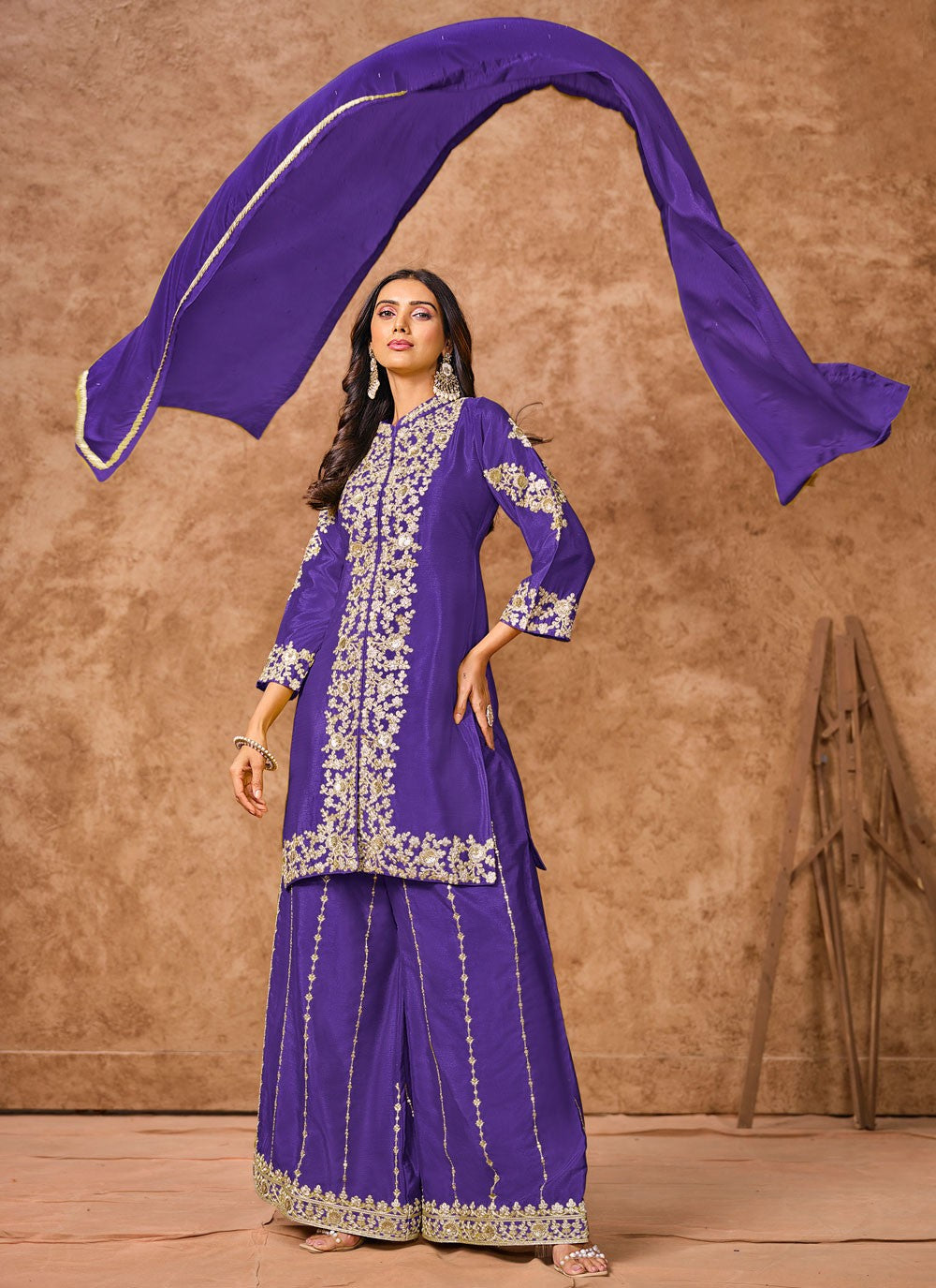 Salwar Suit Embroidered Violet Chinon T5741