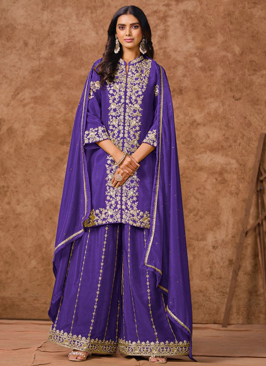 Salwar Suit Embroidered Violet Chinon T5741