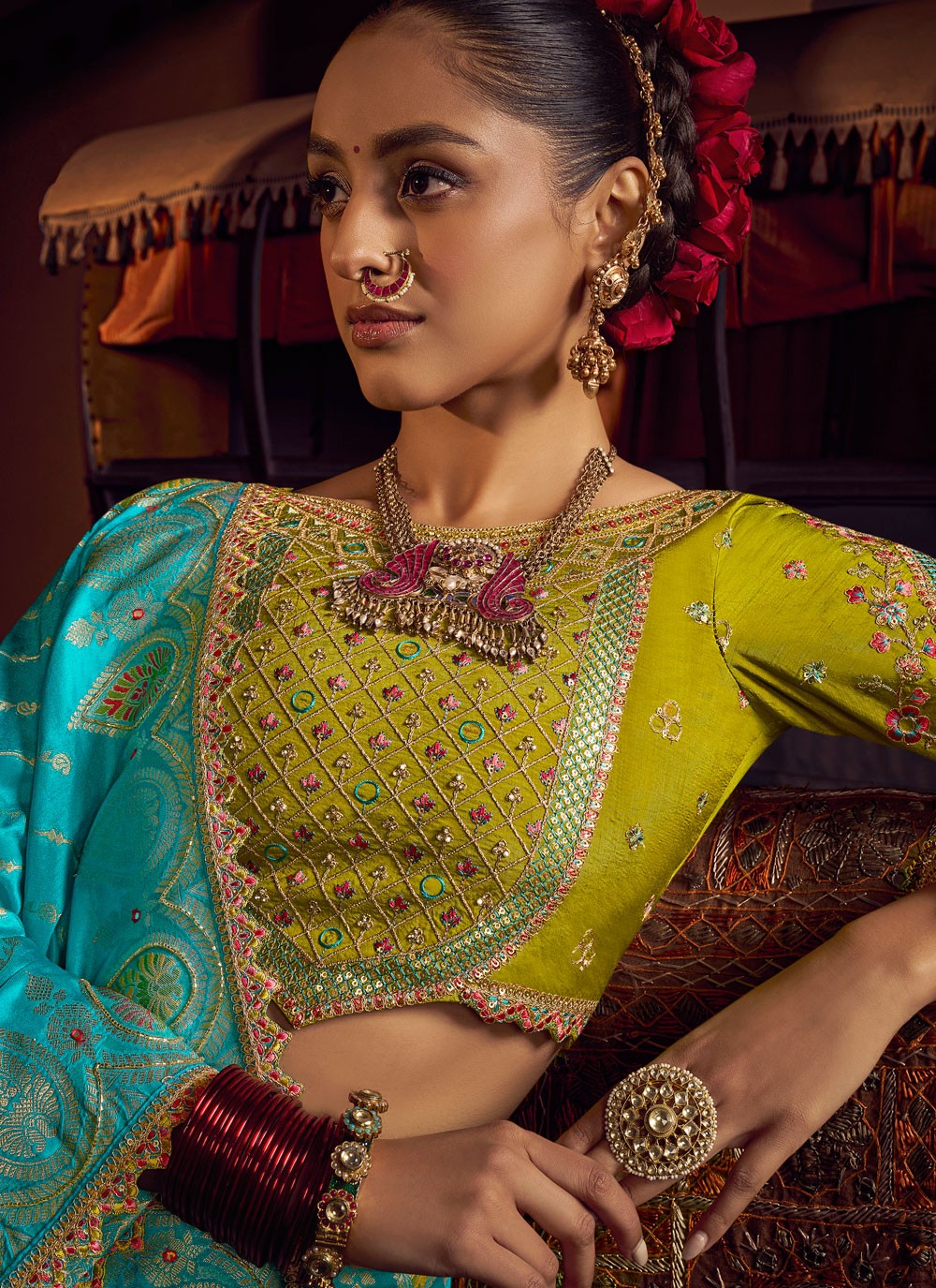 Aqua Blue Pure Dola Designer Saree Embroidered, Jacquard Work, Lace, Zari S17427