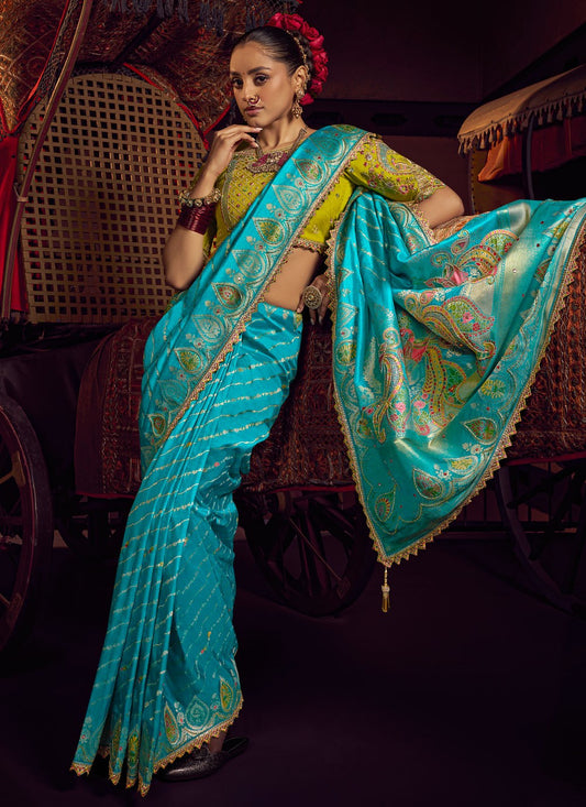 Aqua Blue Pure Dola Designer Saree Embroidered, Jacquard Work, Lace, Zari S17427