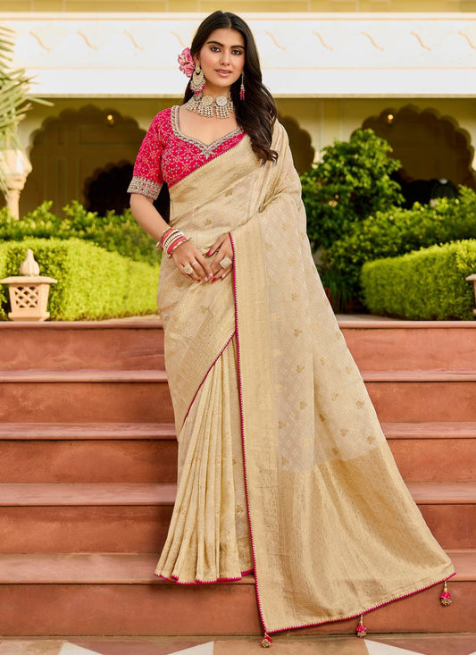 Cream Tissue Classic Saree Beads S19765