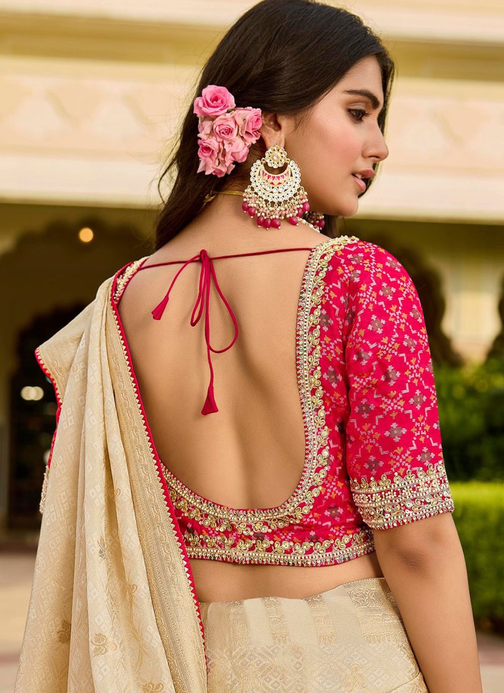 Cream Tissue Classic Saree Beads S19765