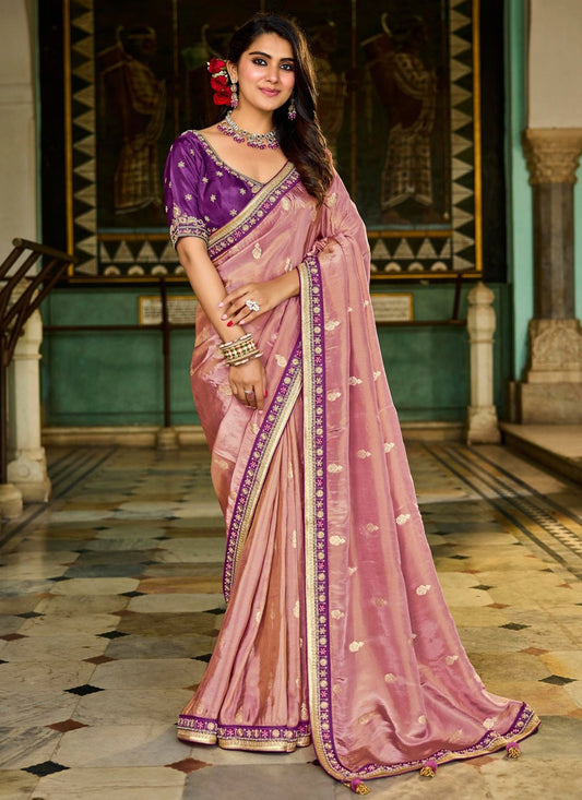 Pink Tissue Traditional Saree Beads, Lace S19799