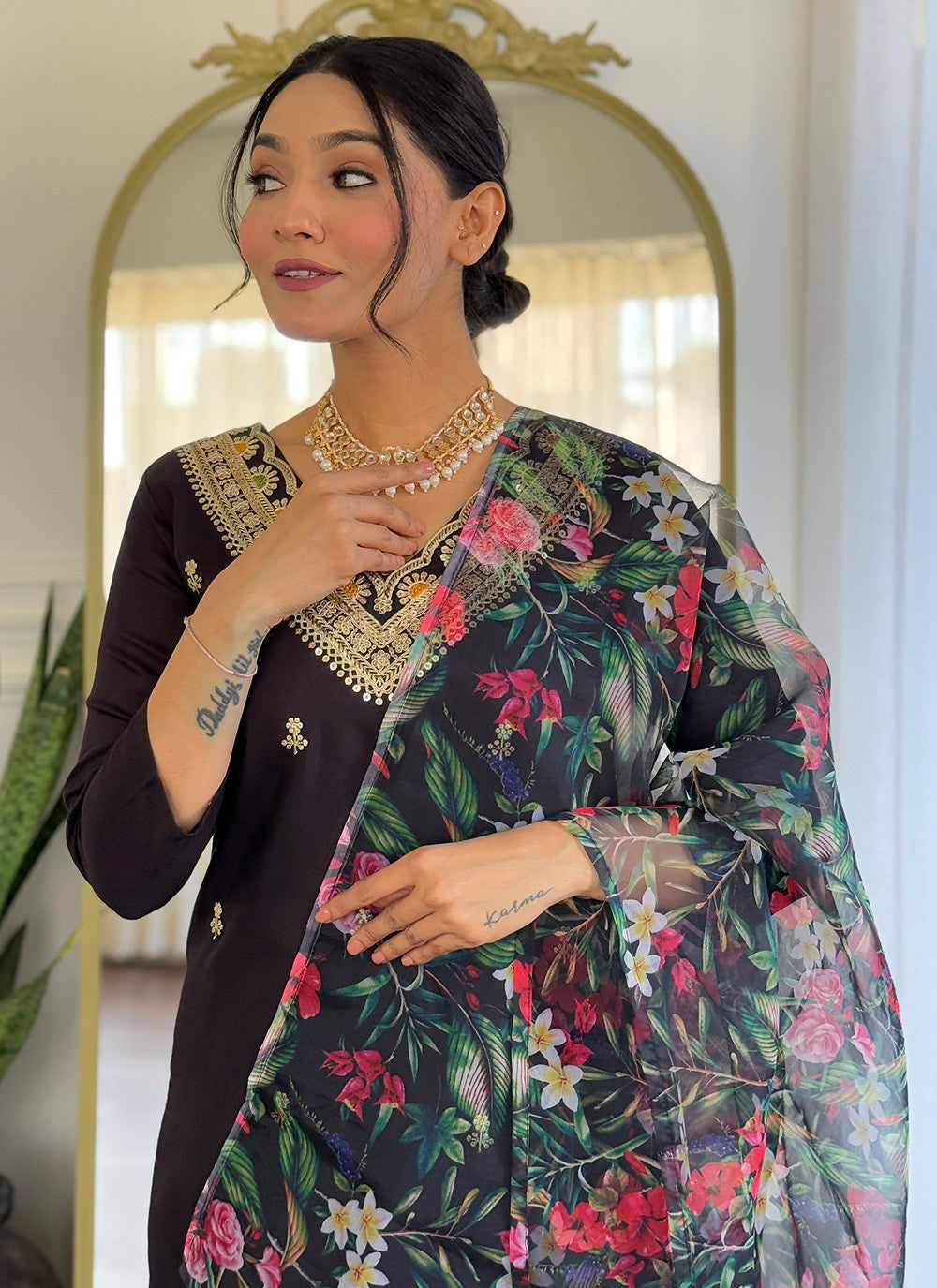Salwar Suit Embroidered, Printed Black T7367