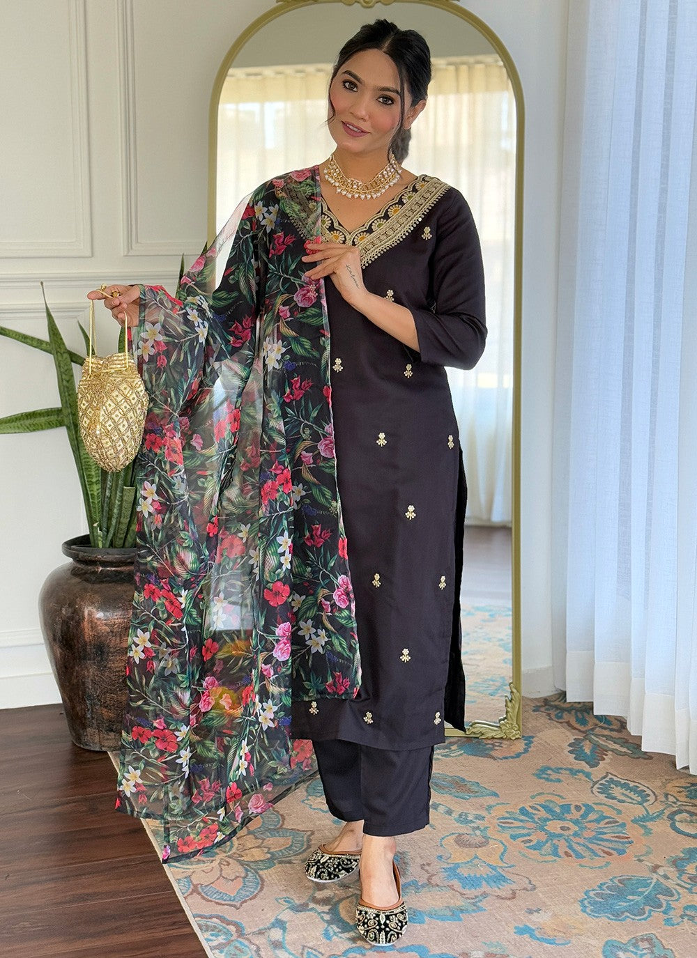 Salwar Suit Embroidered, Printed Black T7367