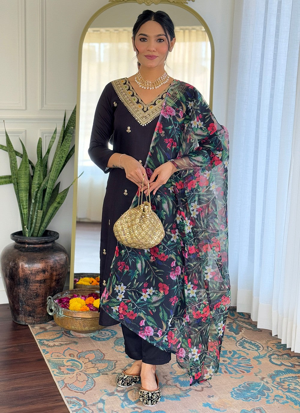 Salwar Suit Embroidered, Printed Black T7367