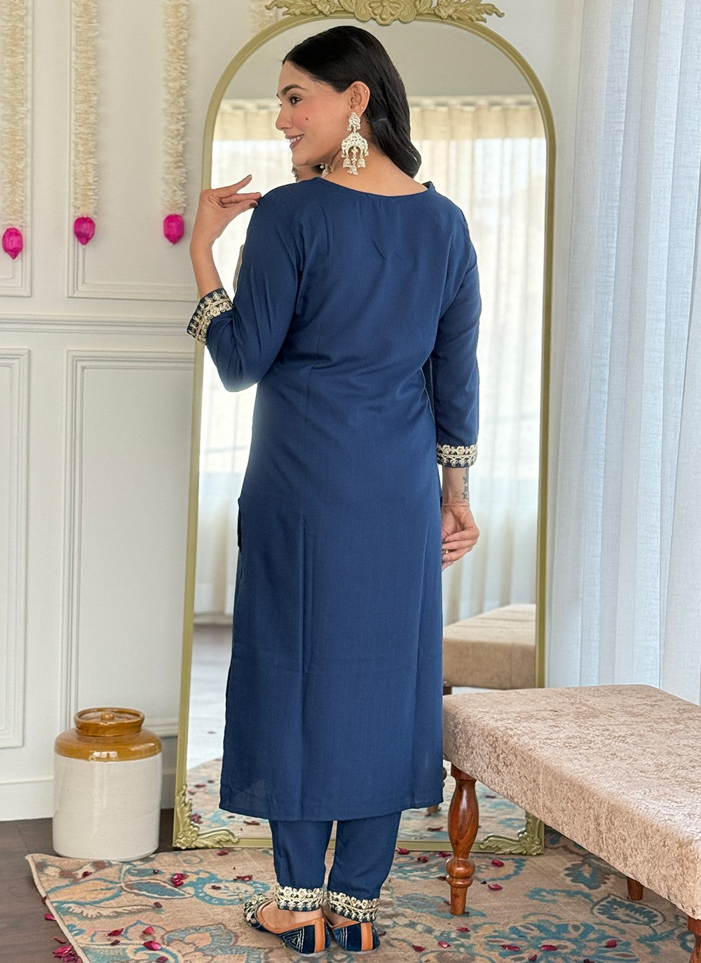 Pant Style Suit Embroidered Blue Viscose T5813