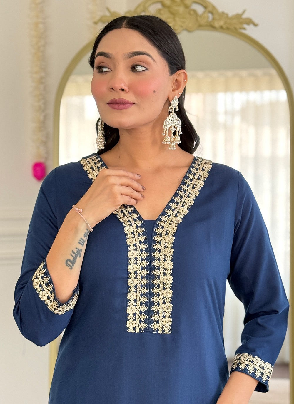 Pant Style Suit Embroidered Blue Viscose T5813