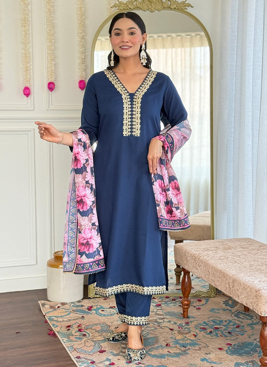 Pant Style Suit Embroidered Blue Viscose T5813