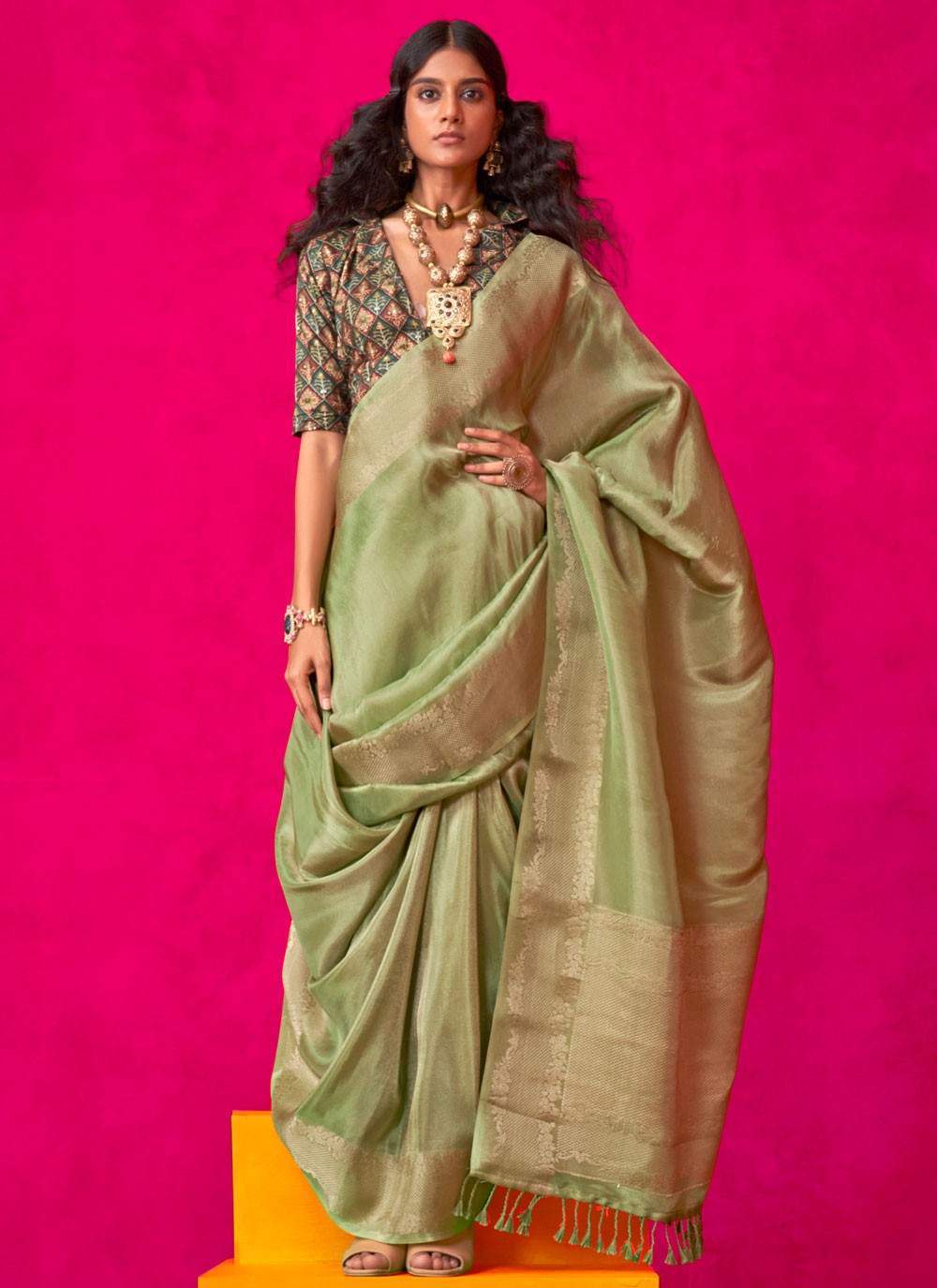 Classic Saree Weaving Zari Green Tissue Saree S13510