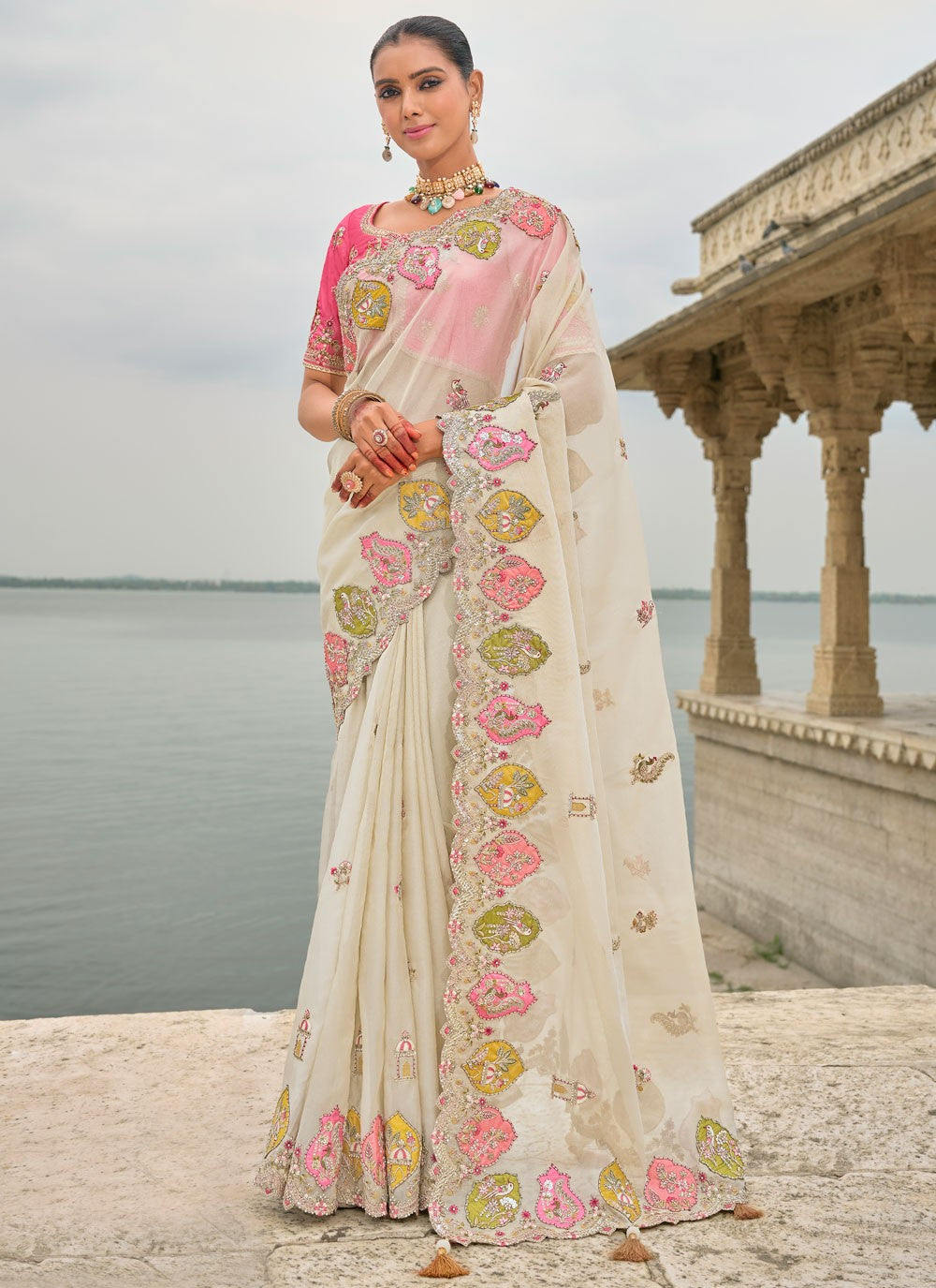 Embroidered Jacquard Off White Saree S14812