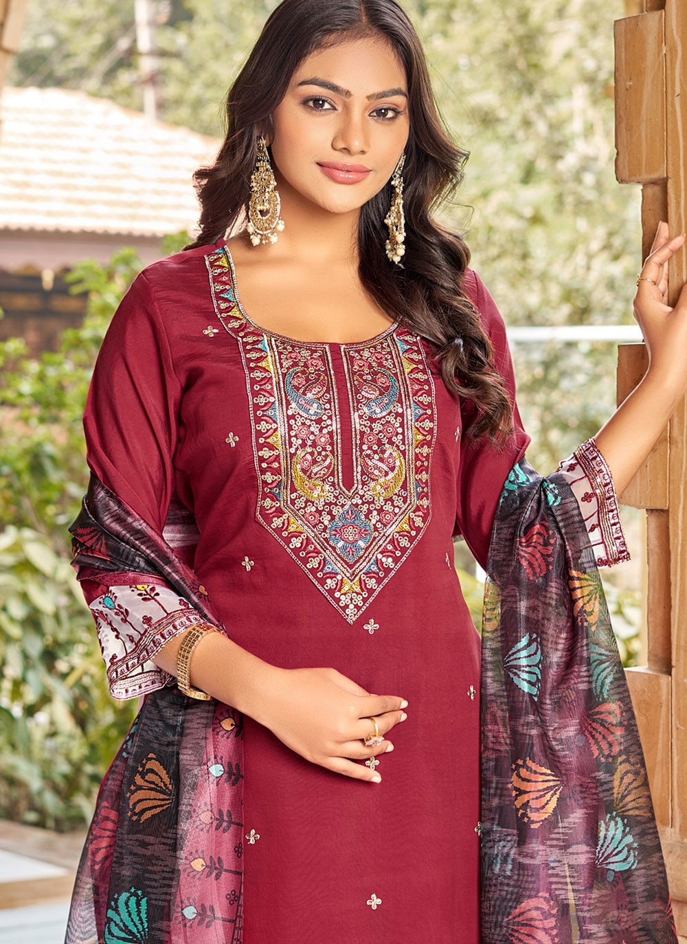 Embroidered Silk Crimson Salwar Suit T6171